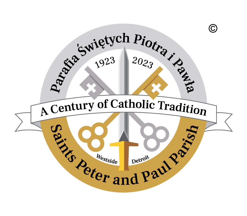 The SS. Peter and Paul centennial crest: crossed keys and a sword, 'A Century of Catholic Tradition, 1923–2023'